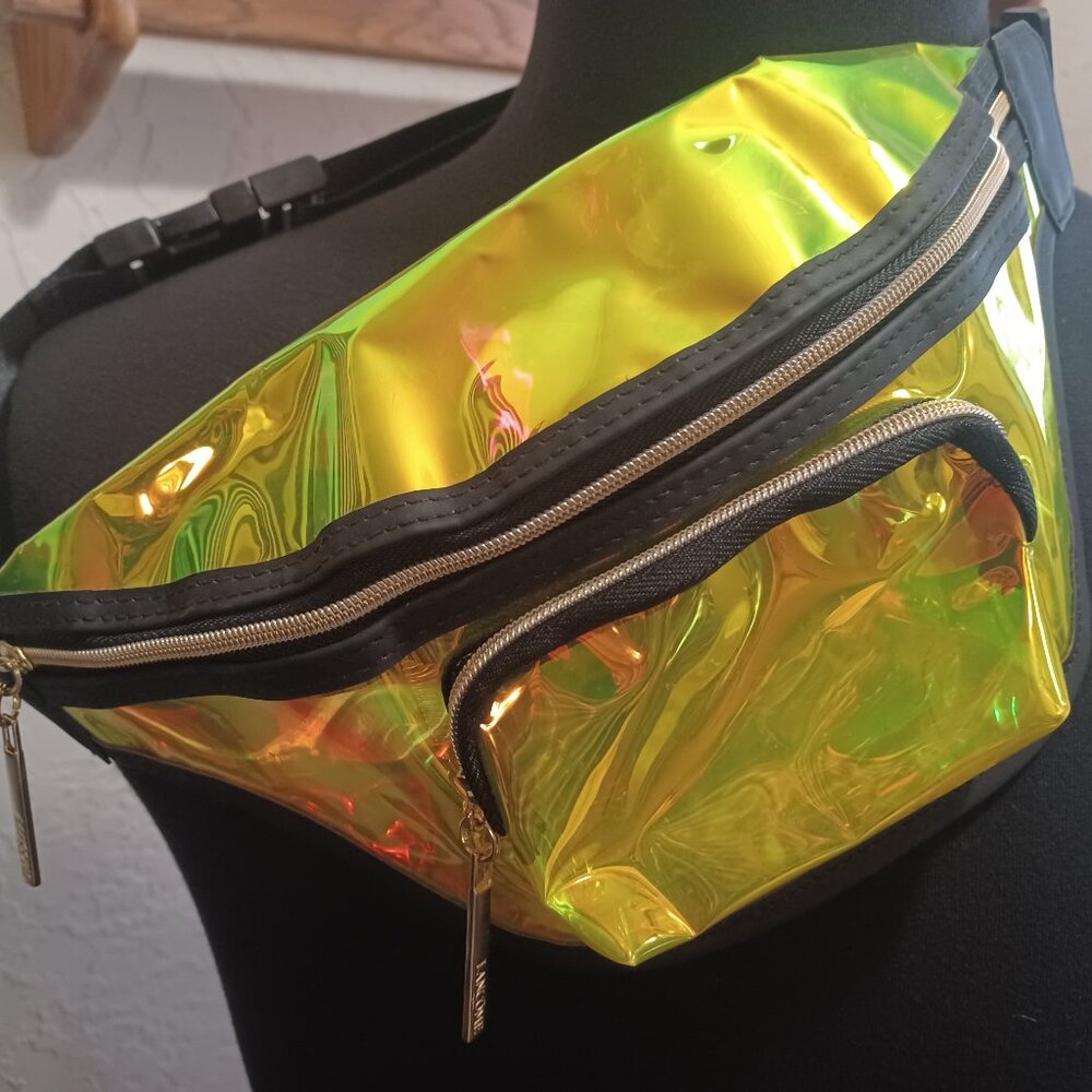 Lancome Translucent Yellow Reflective Fanny Pack Belt Bag Double Zip Adjustable